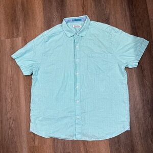 Tommy‎ Bahama Shirt Mens XL Light Blue Aqua Linen Beach Button Up Short Sleeve